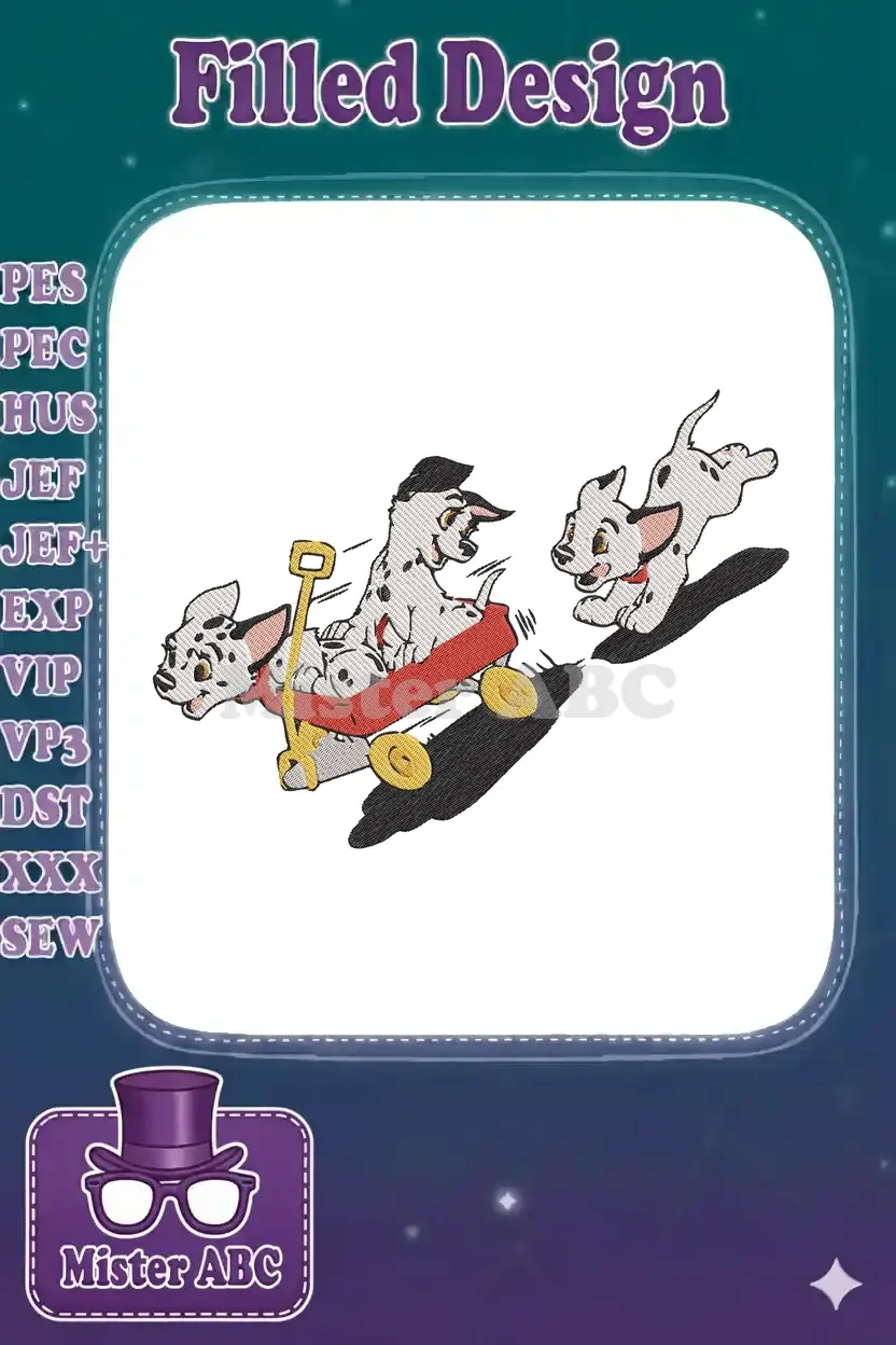 Three lively Disney Dalmatians: two in a red wagon, one pulling, and another running alongside, full of joy.