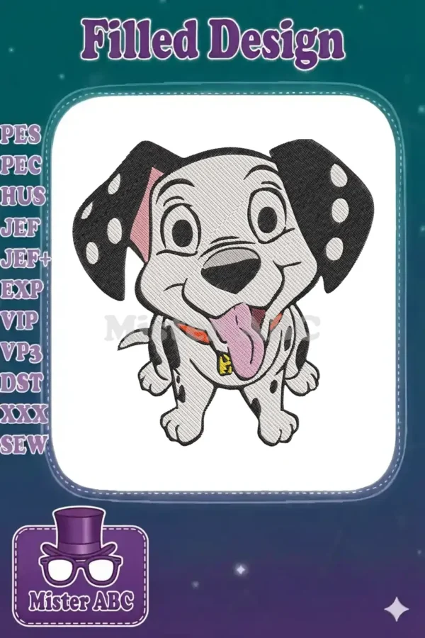 Vibrant embroidery of a cheerful Dalmatian puppy with black spots, red collar, and a yellow tag, tongue out, standing playfully.