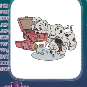 Two playful 101 Dalmatians puppies, one drinking spilled milk, the other looking at a spilled lunchbox.