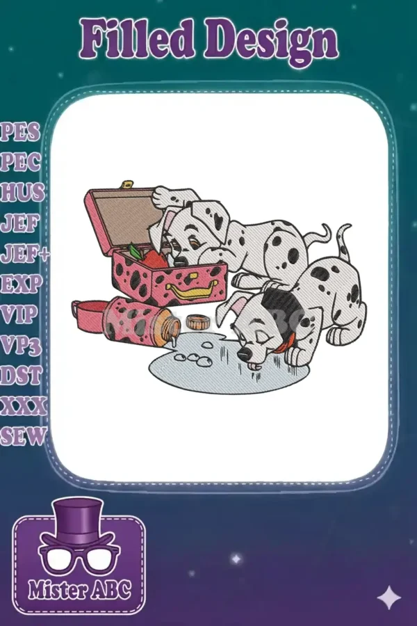 Two playful 101 Dalmatians puppies, one drinking spilled milk, the other looking at a spilled lunchbox.