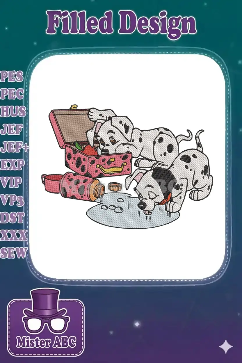 Two playful 101 Dalmatians puppies, one drinking spilled milk, the other looking at a spilled lunchbox.