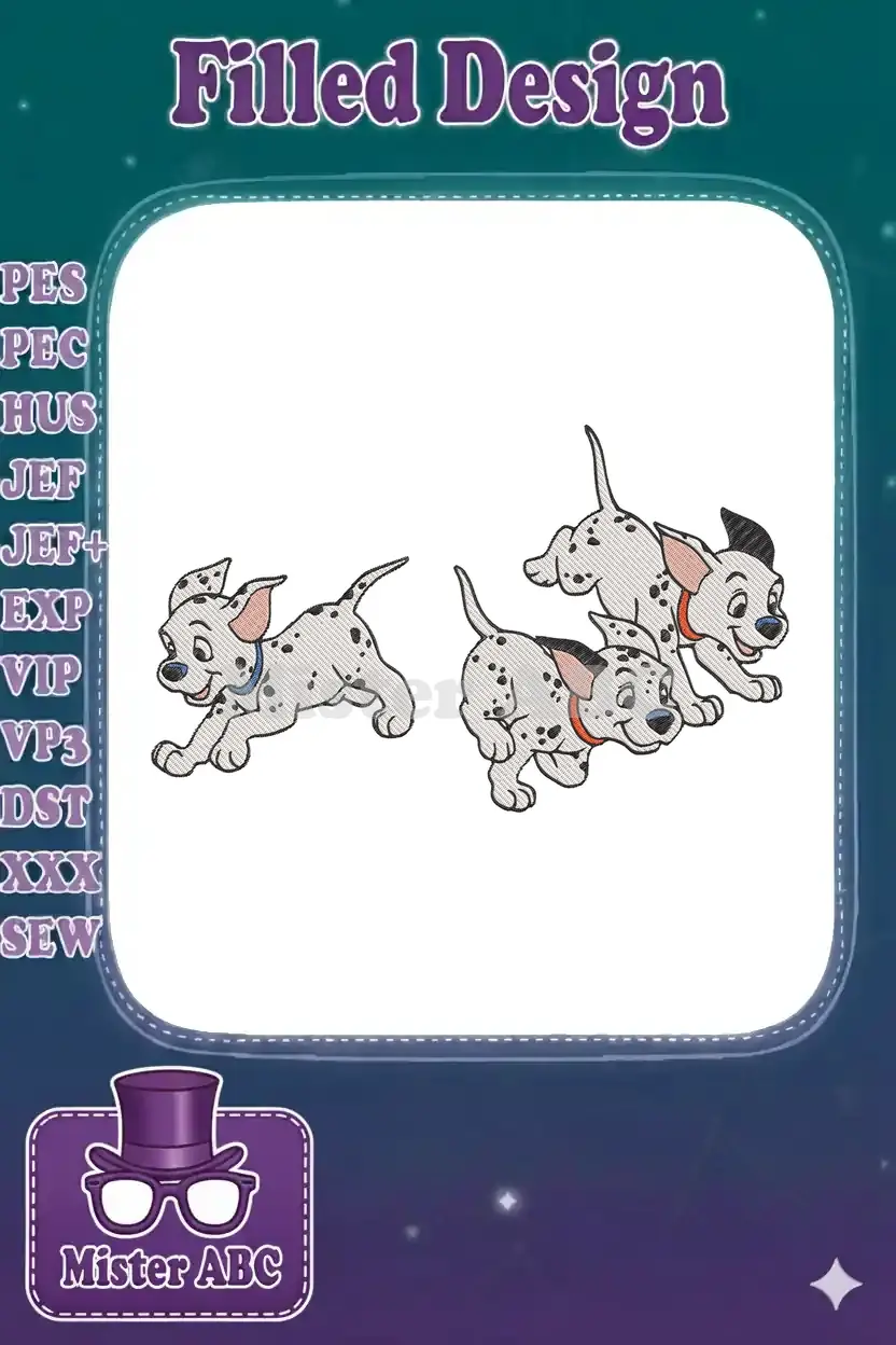Three lively Dalmatian puppies embroidered design, featuring black spots, white fur, and colorful collars.