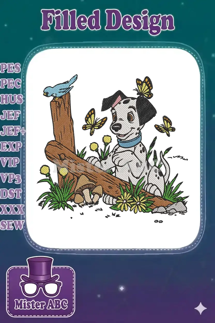 Vibrant embroidery of a Dalmatian puppy, bluebird, and butterflies in a playful nature setting, perfect for children's items.