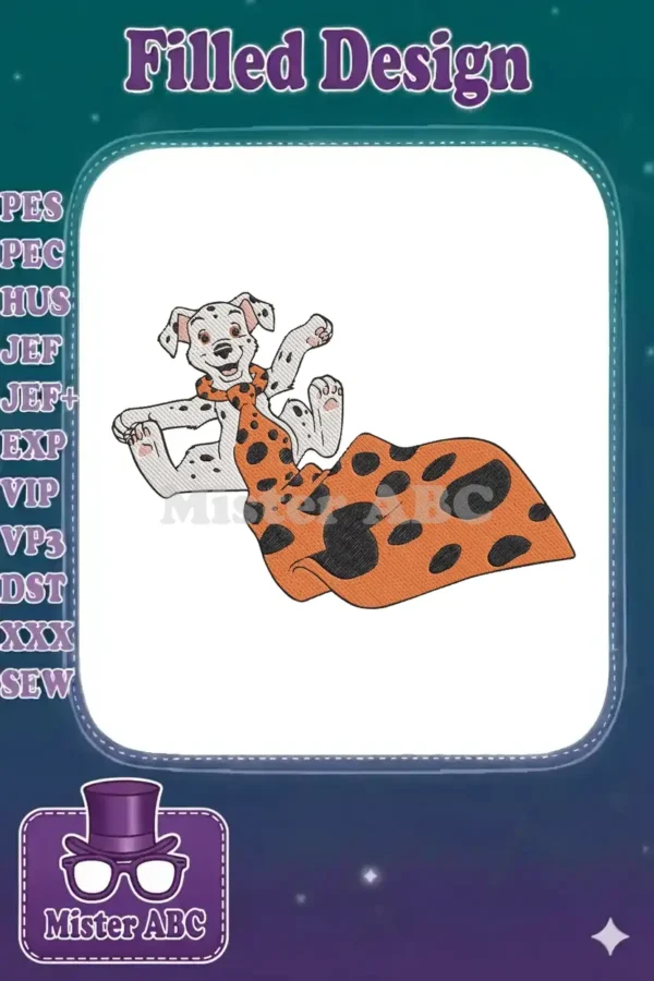 A cheerful Dalmatian puppy embroidery design, with black spots, an orange spotted tie, and a matching blanket.