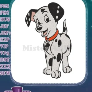 A charming embroidery design featuring a happy Dalmatian puppy with a red collar, detailed stitching, and vibrant colors.