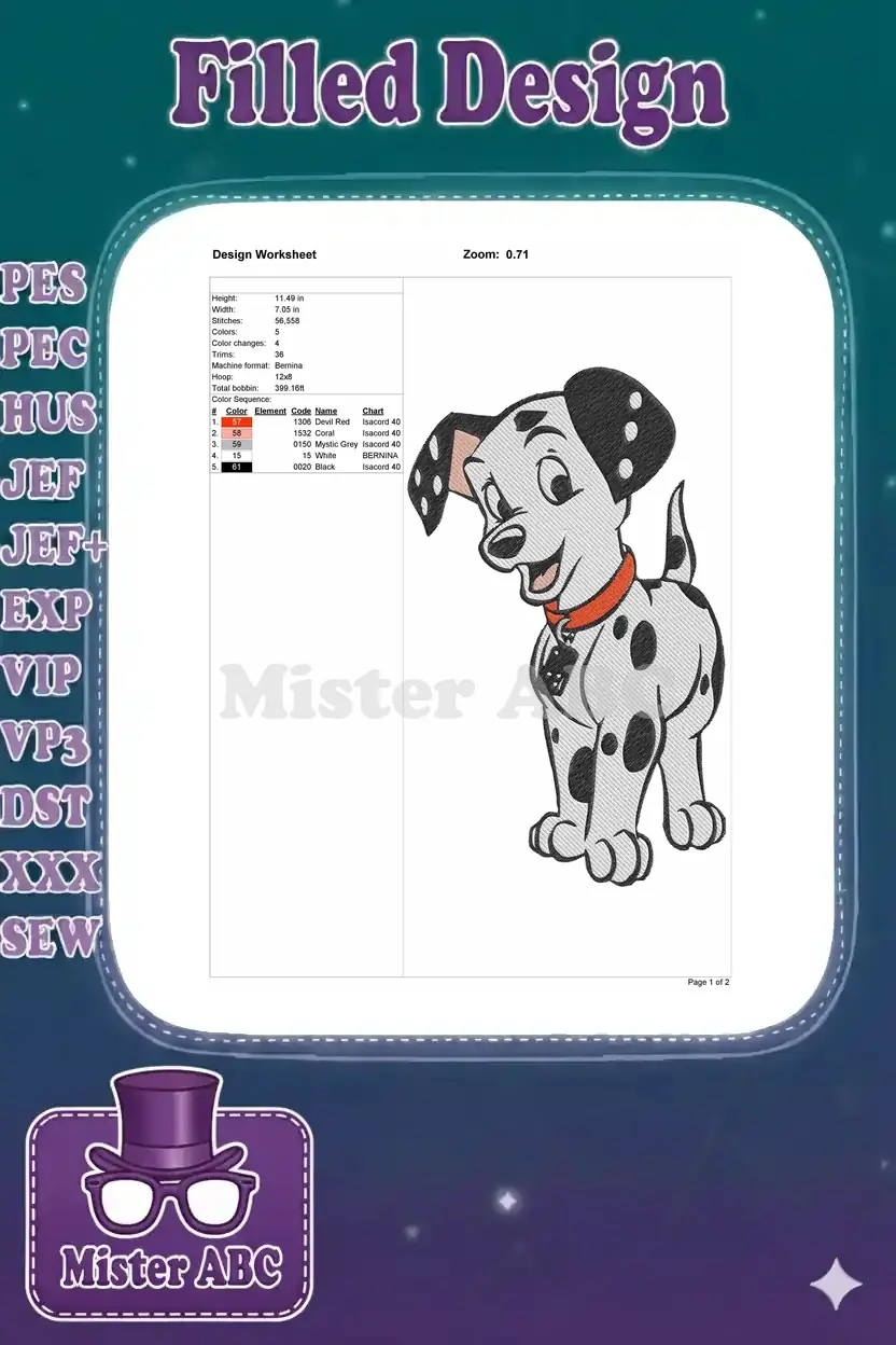 Detailed embroidery design worksheet showing dimensions, stitch count, color sequence, and machine compatibility.