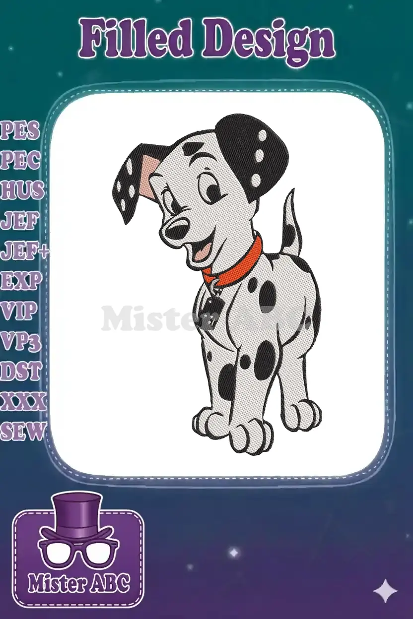 A charming embroidery design featuring a happy Dalmatian puppy with a red collar, detailed stitching, and vibrant colors.