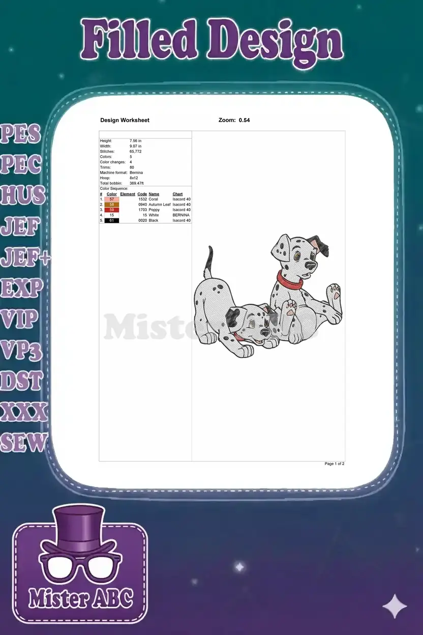 Detailed embroidery design worksheet showing dimensions, stitch count, color sequence, and machine compatibility.
