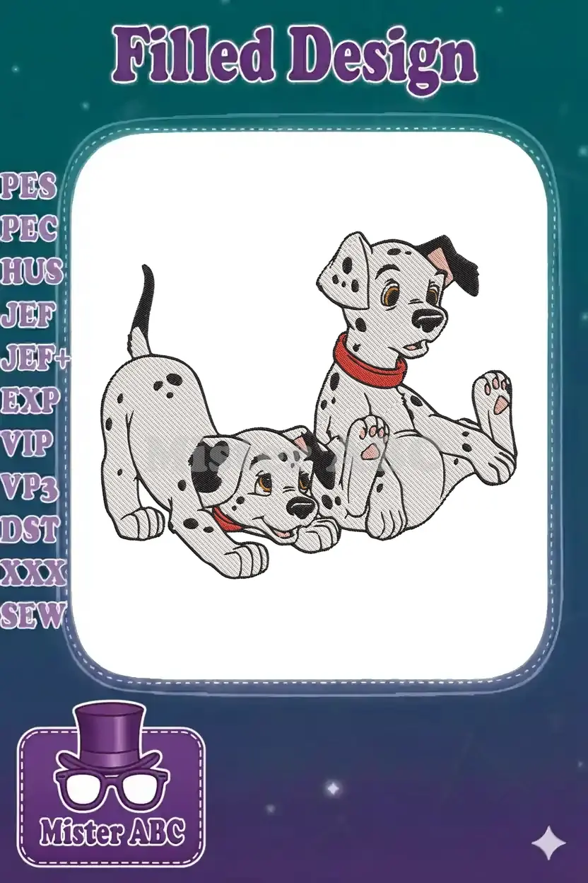 Two charming Dalmatian puppies, one playful and one sitting, in a detailed embroidery design with classic Disney style.