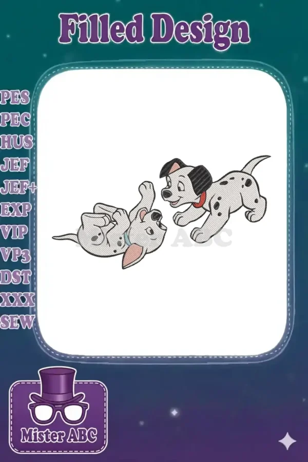 Two adorable Dalmatian puppies playing, one on its back, the other standing, designed for embroidery projects.