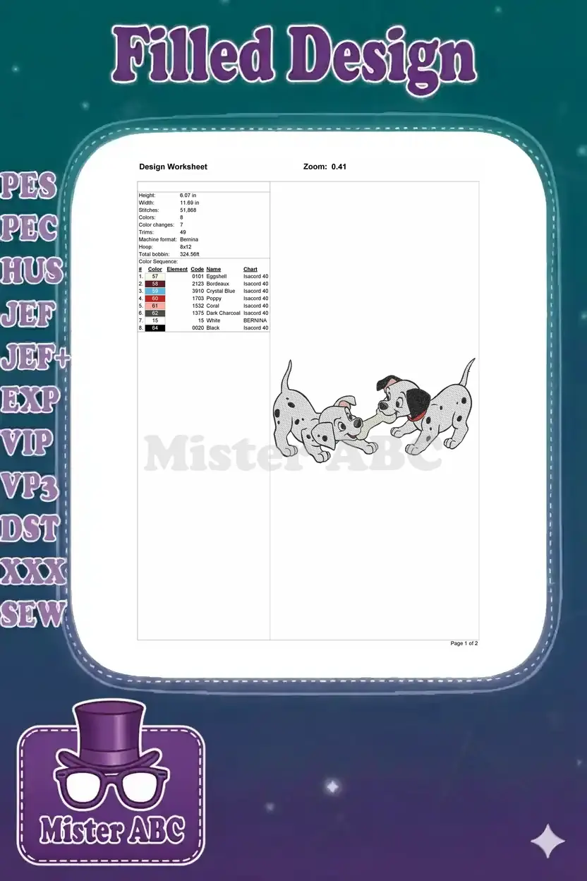 Embroidery design worksheet detailing dimensions, stitch count, colors, and machine settings for the Dalmatian design.