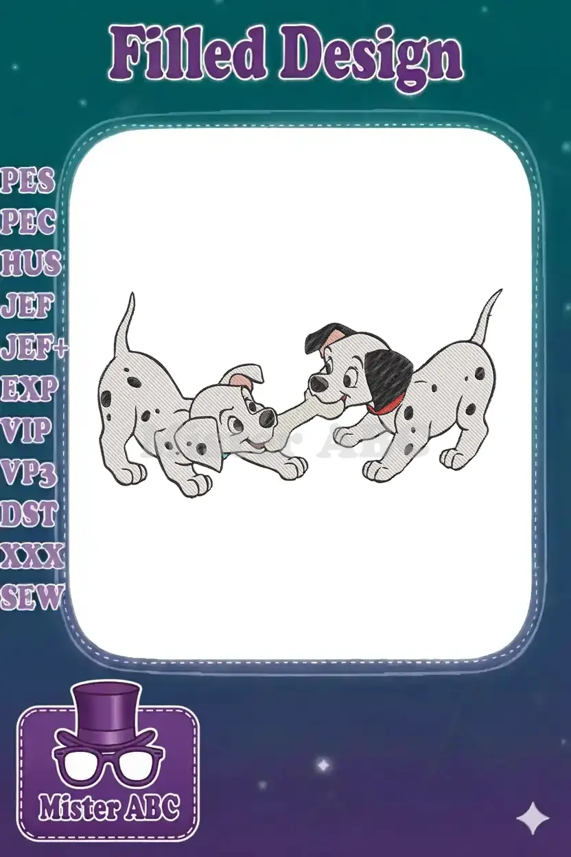 Two cheerful Dalmatian puppies in a detailed embroidery design, one playfully tugging at the other's ear or leg.