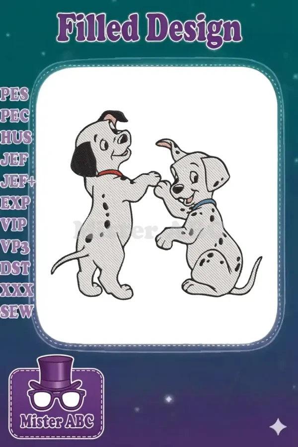 Two cheerful Dalmatian puppies, one with a red collar and one with a blue, playfully interacting in a charming embroidery design.