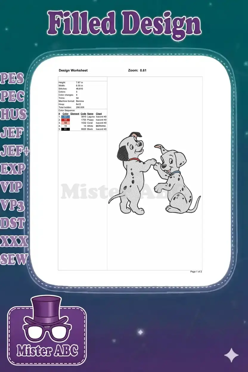 A comprehensive embroidery design worksheet displaying dimensions, stitch count, color sequence, and machine specifications.