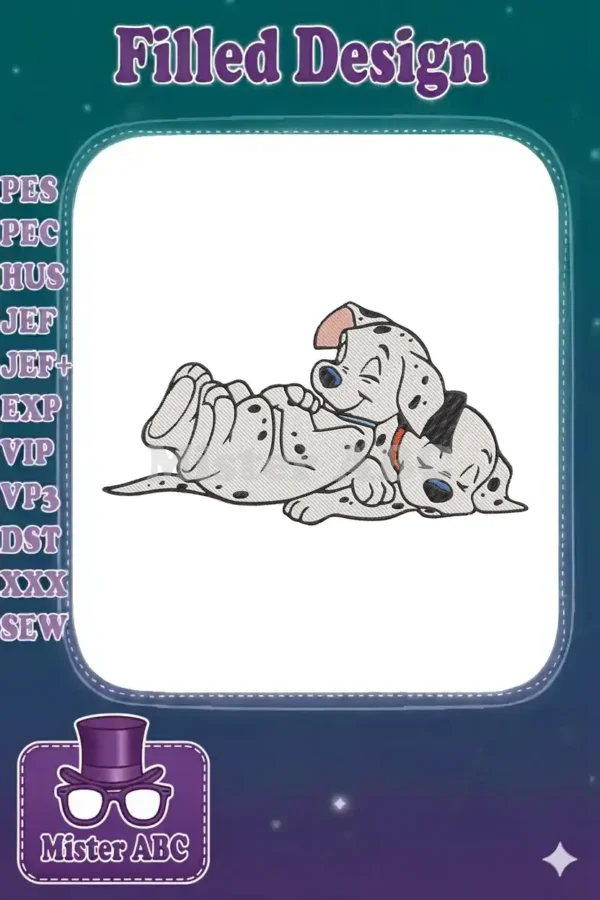 A cheerful Dalmatian puppy embroidery design, featuring black spots on white fur, a blue collar, and pink ear.