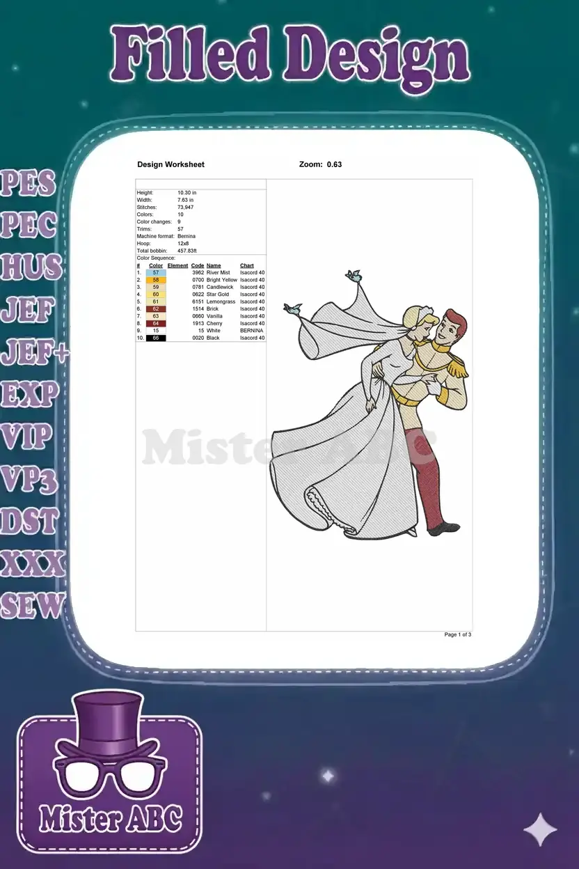 Embroidery design worksheet detailing dimensions, stitch count, colors, and machine compatibility for the design.