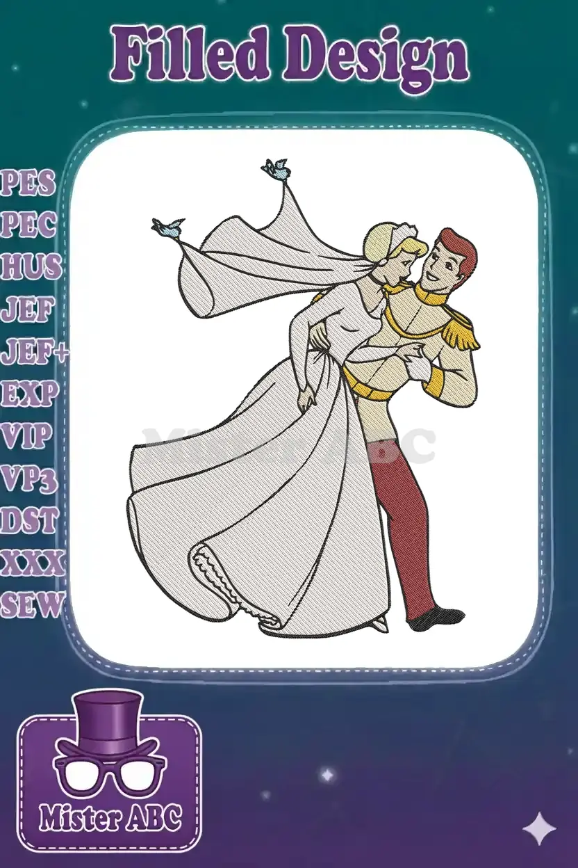Vibrant embroidery design featuring Cinderella in her wedding gown being lifted by Prince Charming, both smiling.
