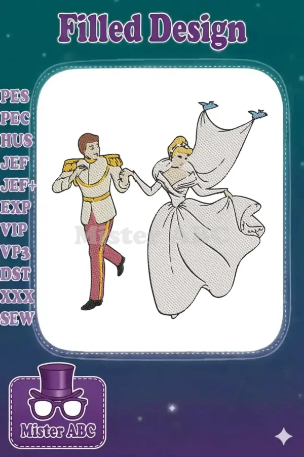 Elegant embroidery featuring Cinderella and Prince Charming dancing, captured in a classic fairytale moment.