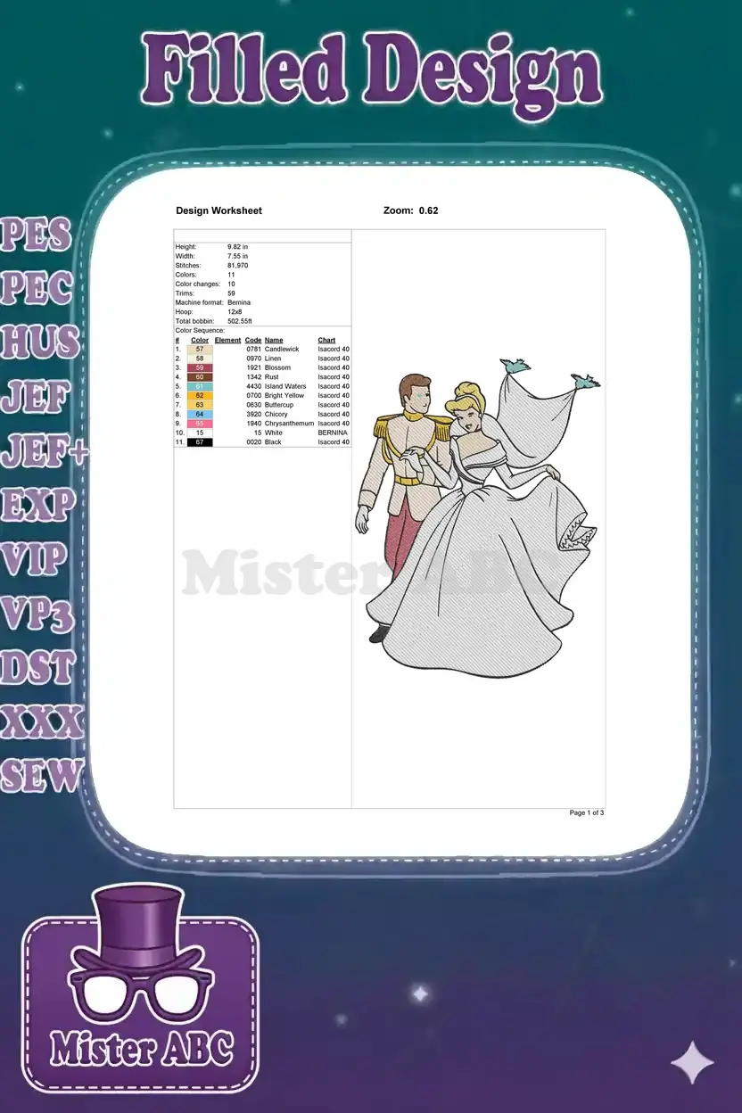 Embroidery design worksheet detailing the stitch count, dimensions, color sequence, and thread types for the design.