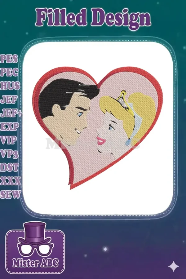 A romantic heart-shaped embroidery design showing Prince Charming and Cinderella gazing into each other's eyes.