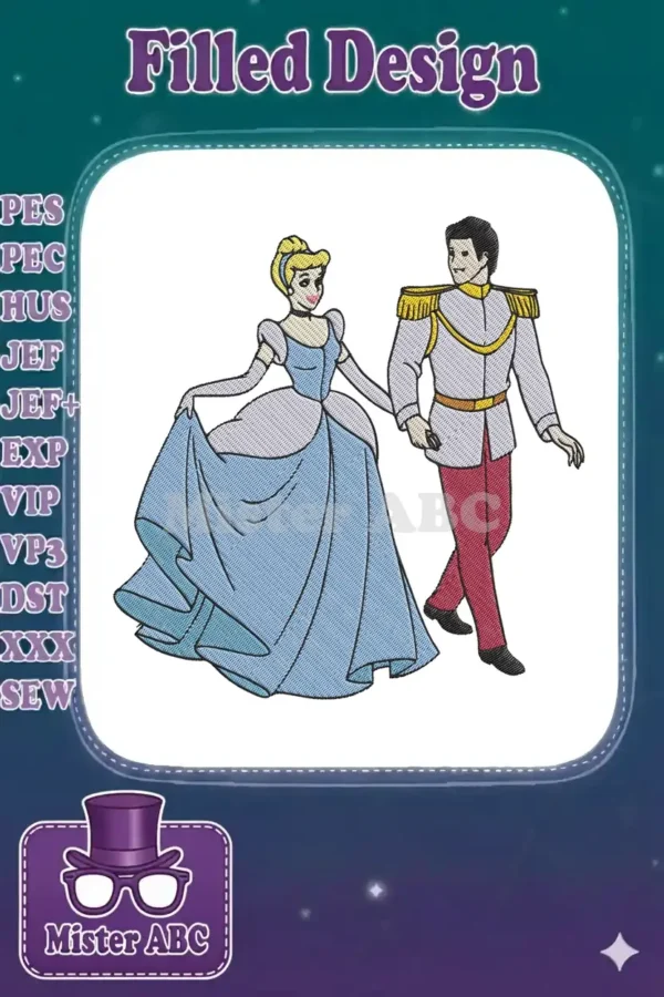 Cinderella in a blue ball gown and Prince Charming in uniform, holding hands, an enchanting embroidery design.