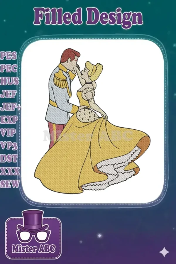 Cinderella and Prince Charming embroidery design, capturing a romantic moment with a hand kiss in vibrant colors.