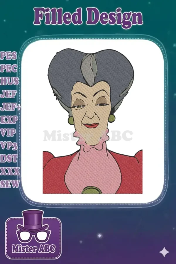 Close-up of a detailed embroidery design featuring Lady Tremaine from Cinderella with her iconic stern expression.