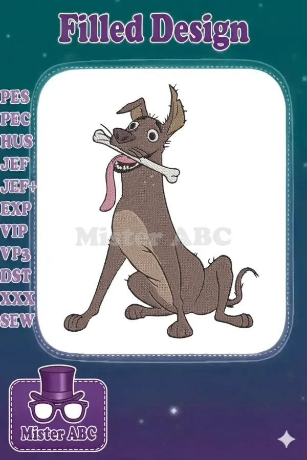 Playful Dante from Coco embroidery, a brown Xoloitzcuintli dog, sitting with a bone in his mouth and tongue out.