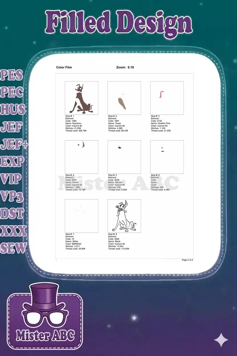 A color film breakdown of the Dante embroidery design, showing each color stop with stitch details and thread usage.
