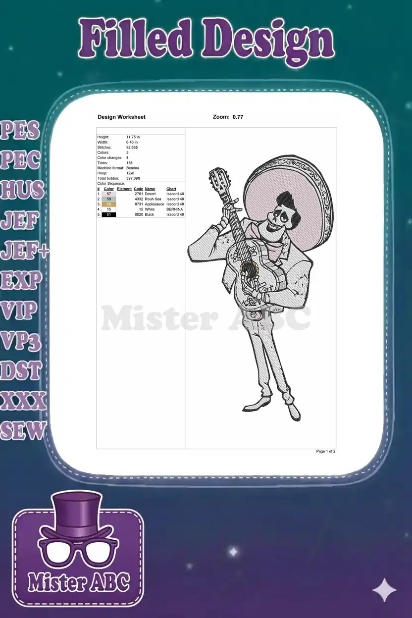 Embroidery design worksheet for Hector mariachi, showing dimensions, stitch count, colors, and machine compatibility.