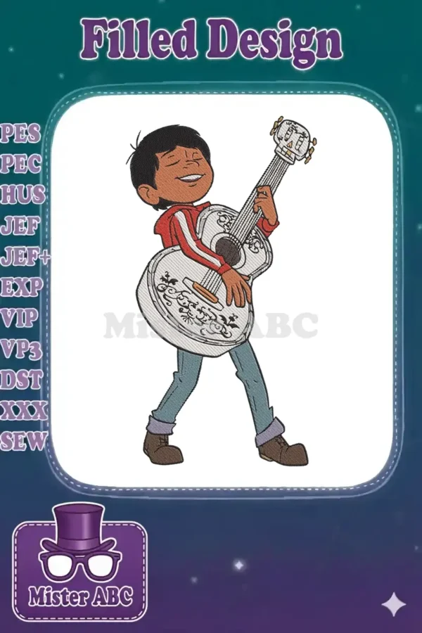 Vibrant embroidery design of Miguel from Disney's Coco, strumming his iconic white guitar with a joyful expression, ready to be stitched.