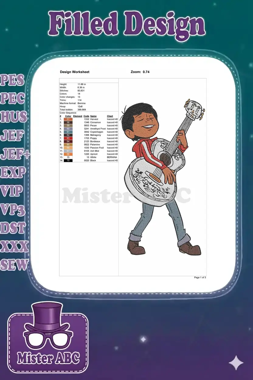 Comprehensive embroidery design worksheet showing Miguel from Coco, detailing stitch count, dimensions, color sequence, and thread chart.