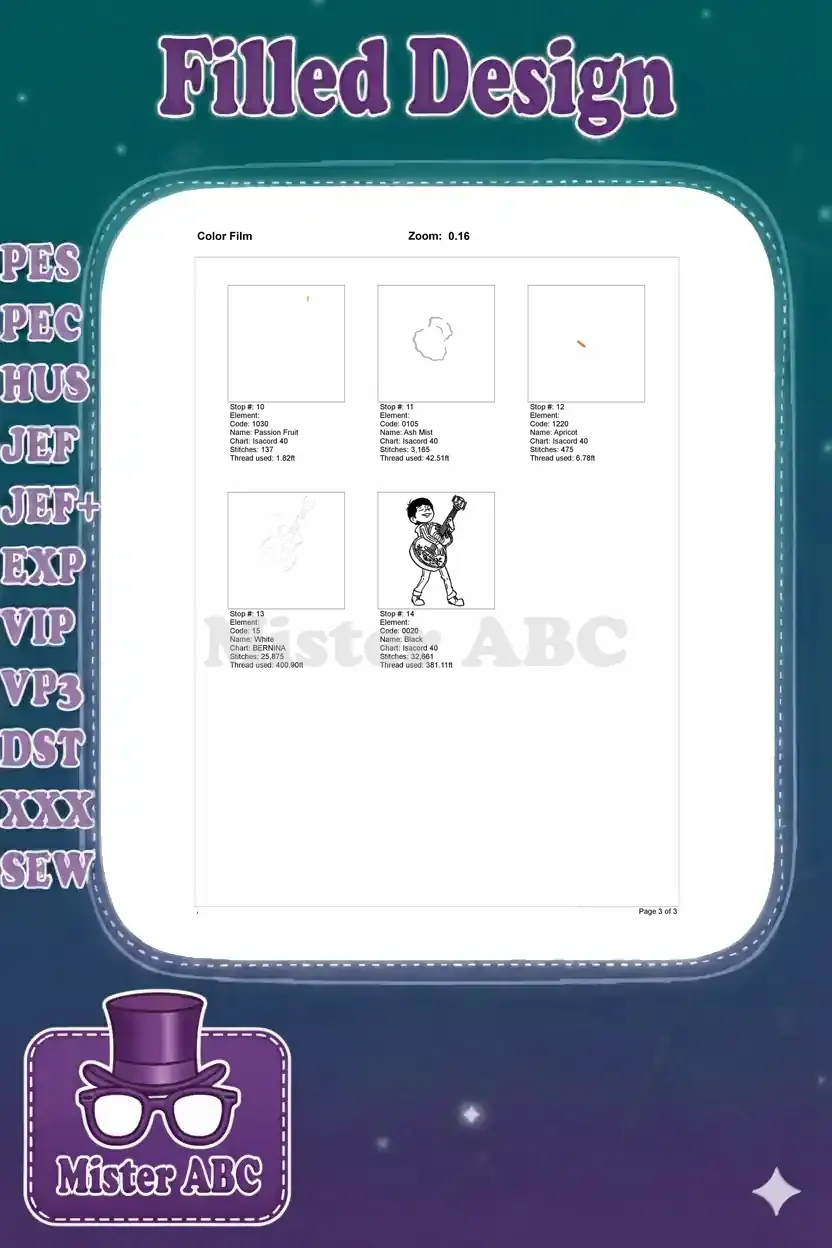 Second page of the color film for Miguel embroidery, showing remaining stop-by-stop stitch details and thread usage.