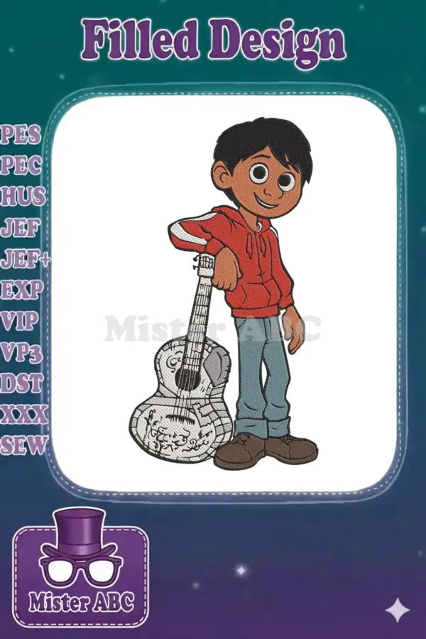 Detailed embroidery design of Miguel from Disney Pixar's Coco, leaning against his iconic white guitar, vibrant colors.