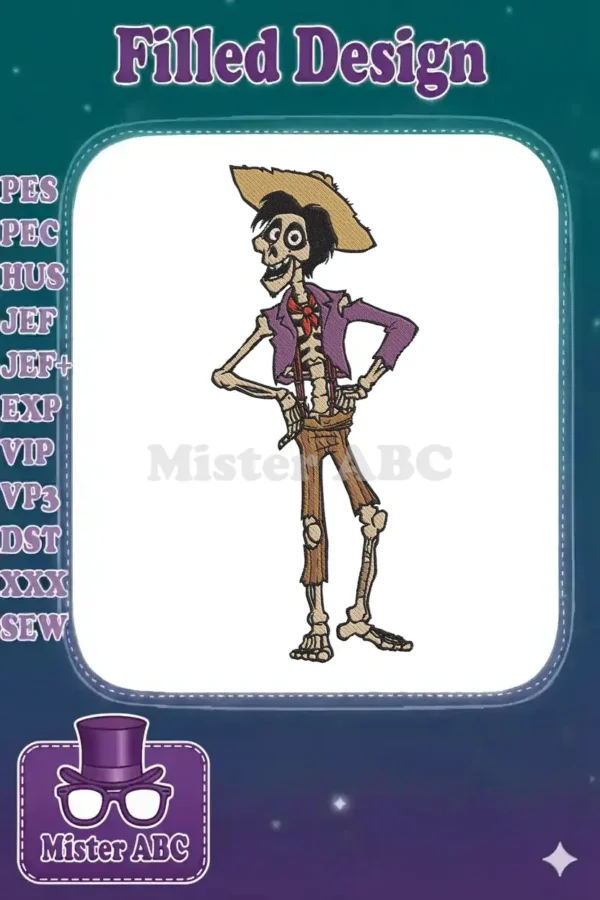 Full-body embroidery design of Héctor from Disney Pixar's Coco, smiling with hands on hips, wearing a hat and jacket.