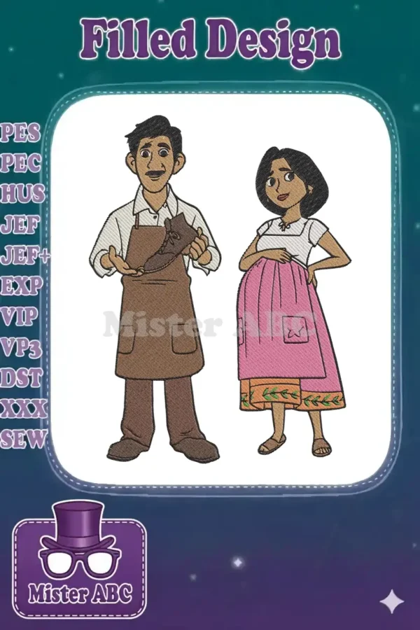 Vibrant embroidery design of Agustín and Julieta from Encanto, Agustín holds a shoe, Julieta is pregnant.