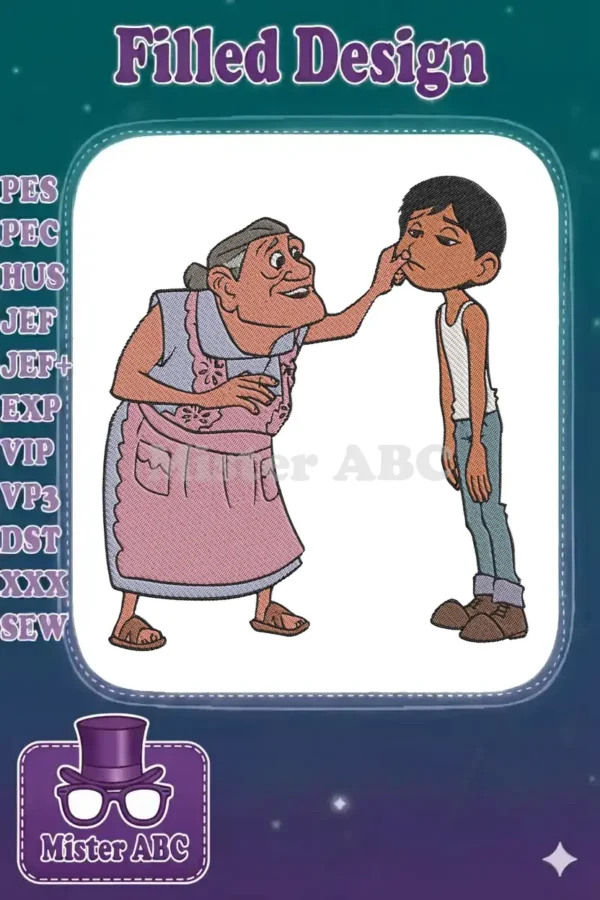 Vibrant embroidery design of Mama Coco gently holding Miguel's face, showcasing their loving bond from Disney's Coco.
