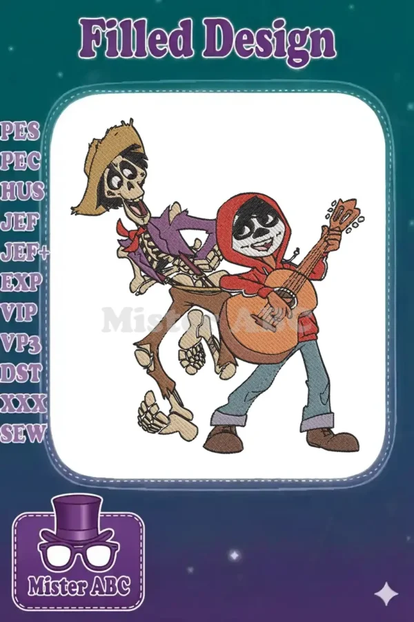 Detailed embroidery of Hector and Miguel from Coco, capturing their musical fun and vibrant colors. A must-have.