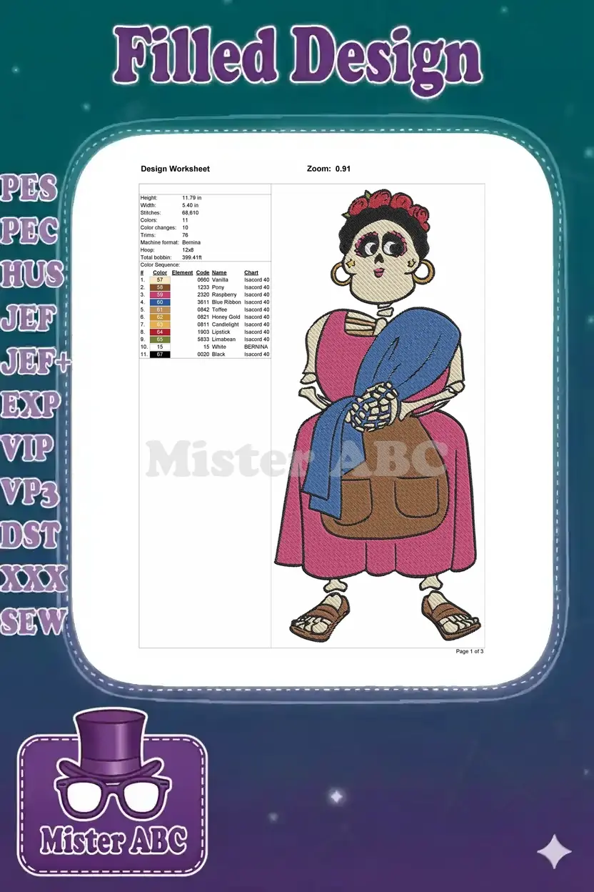 Detailed embroidery design worksheet for Mama Imelda, showing dimensions, stitch count, colors, and thread chart.
