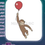 Curious George monkey flying with red balloon embroidery designs - Instant Download