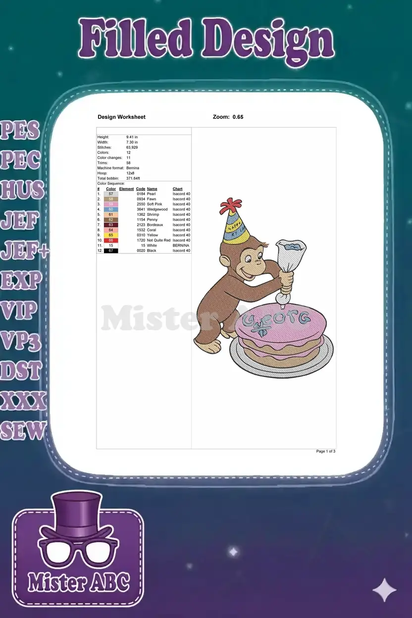 Embroidery design worksheet for Curious George cake, showing dimensions, stitch count, colors, and machine format.