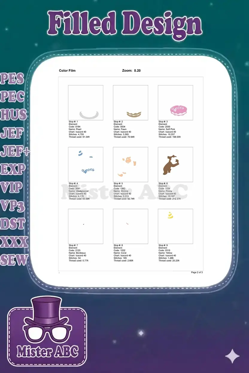 Color film page 1 of 3, showing individual stitch stop sequences and thread details for embroidery design.