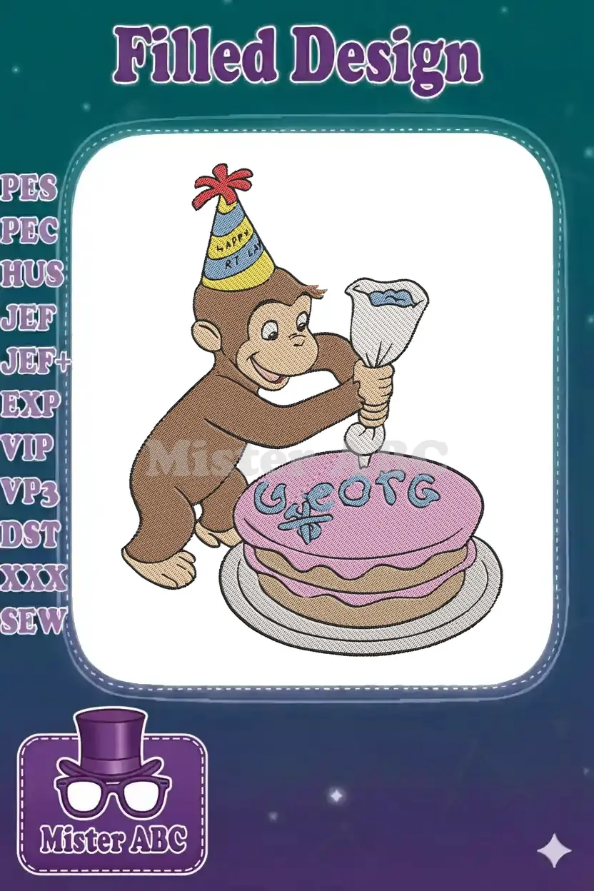 Curious George in a party hat decorating a pink birthday cake with 'George' on it, a happy embroidery design.