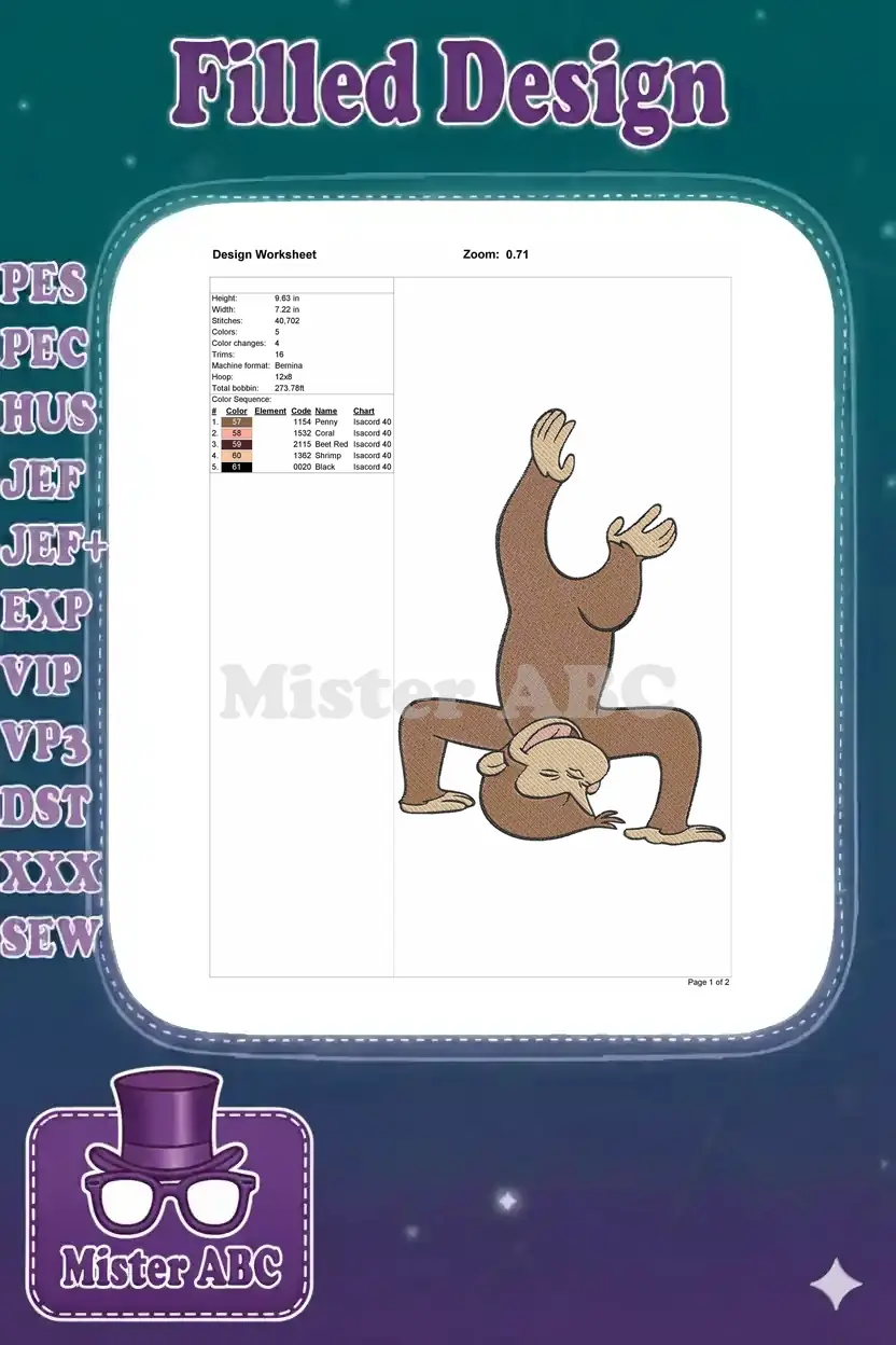 A detailed embroidery design worksheet showing specifications like dimensions, stitch count, colors, and thread types.