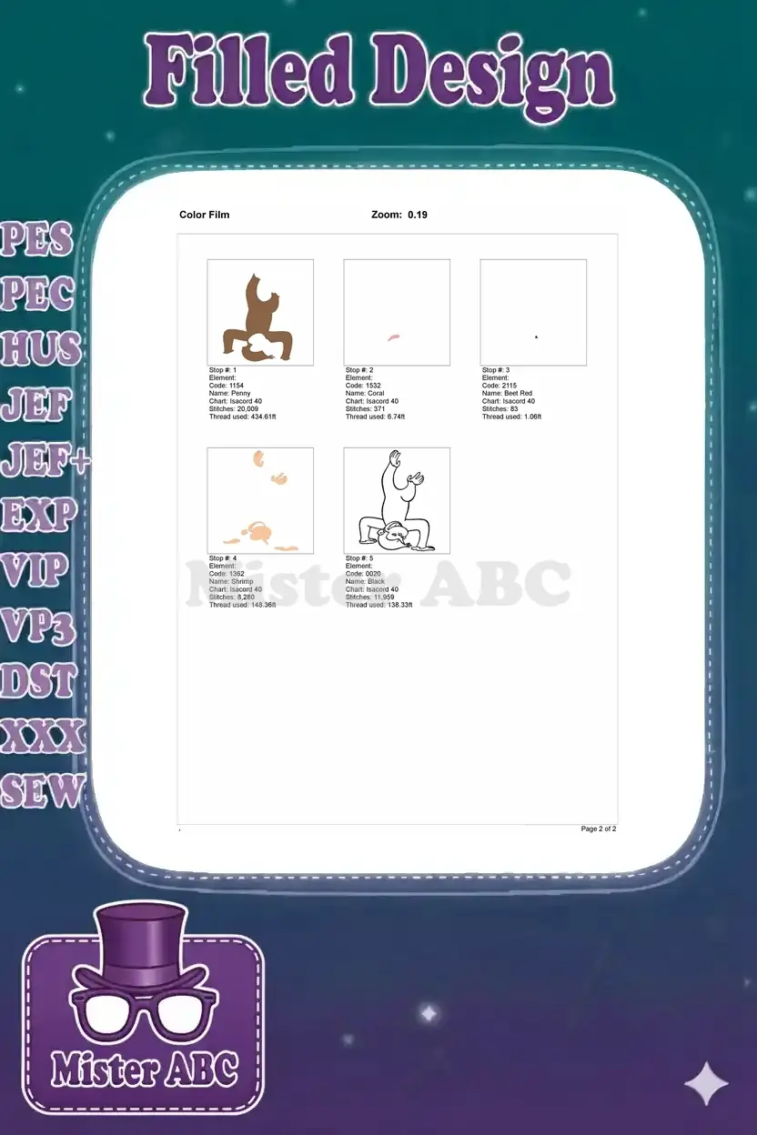 A color film sequence showing the stitch order for the Curious George embroidery design, detailing each color stop.