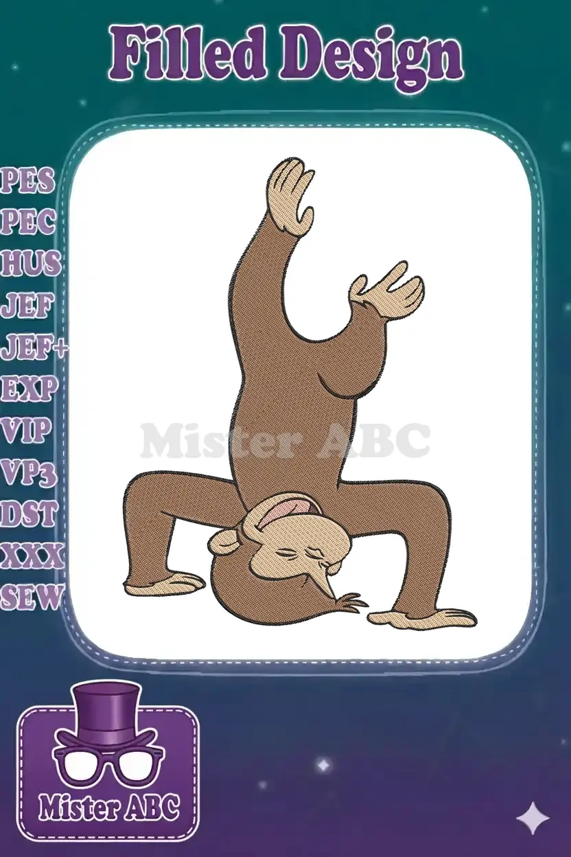 A delightful embroidery design featuring Curious George performing a playful handstand, full of character and charm.
