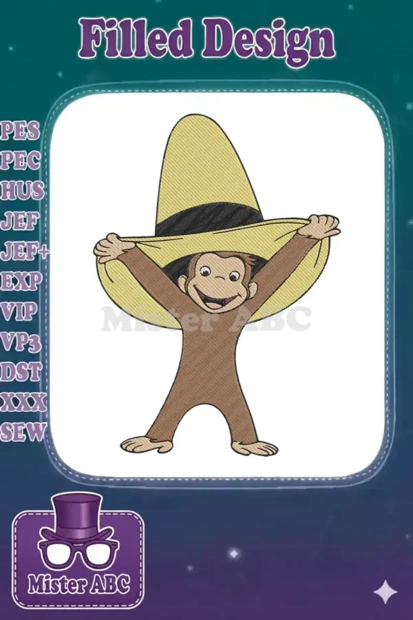 Curious George embroidery design, a cheerful monkey holding up his yellow hat, ready for any adventure.