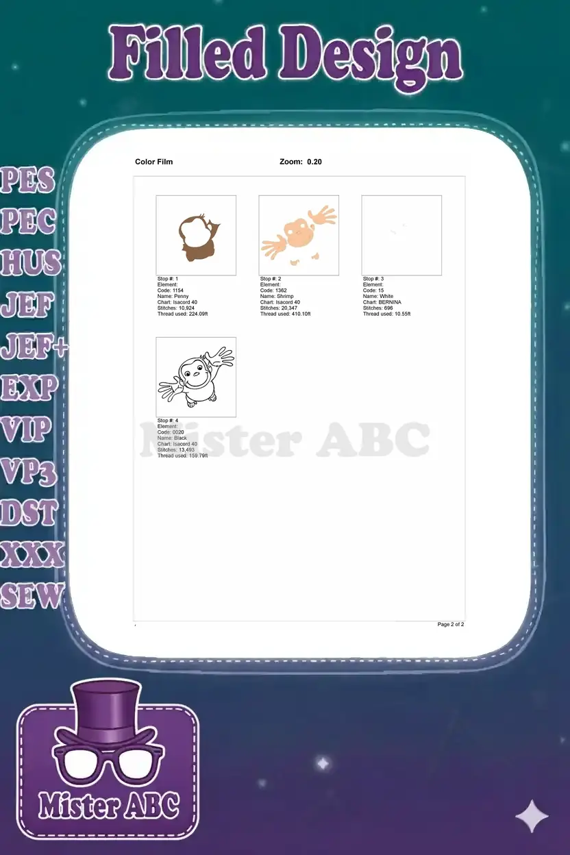 Color film breakdown for the Curious George embroidery design, illustrating each thread color sequence and stitch stops.