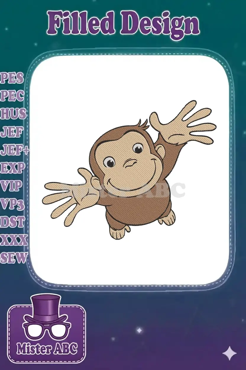 High-quality embroidery design of Curious George, arms outstretched, ready for a hug, perfect for kids' items.