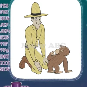 Curious George looking at the kneeling Man in the Yellow Hat, a vibrant digital embroidery design with rich detail.